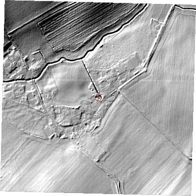 Shaded relief map of the ground around SG75JX, computed from Environment Agency LiDAR. The ground here sits at about 52 m above sea level and falls 15 m across the surrounding 800 m. Surface water reaching this point runs off ground lying to the south-east, 9.8 m higher.