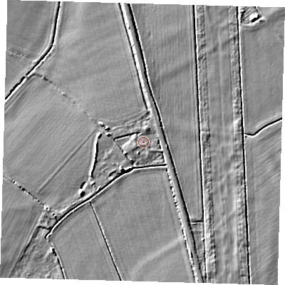 Shaded relief map of the ground around SG80AA, computed from Environment Agency LiDAR. The ground here sits at about 22 m above sea level and falls 6 m across the surrounding 800 m. Surface water reaching this point runs off ground lying to the west-north-west, 2.9 m higher.