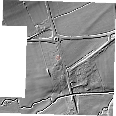 Shaded relief map of the ground around SG80AD, computed from Environment Agency LiDAR. The ground here sits at about 23 m above sea level and falls 13 m across the surrounding 800 m. Surface water reaching this point runs off ground lying to the north, 0.7 m higher.