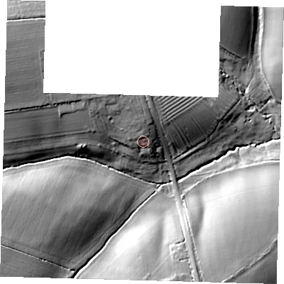 Shaded relief map of the ground around SG80DA, computed from Environment Agency LiDAR. The ground here sits at about 60 m above sea level and falls 24 m across the surrounding 800 m. Surface water reaching this point runs off ground lying to the north-north-west, 1.6 m higher.