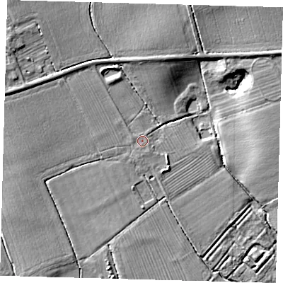 Shaded relief map of the ground around SG80EE, computed from Environment Agency LiDAR. The ground here sits at about 27 m above sea level and falls 12 m across the surrounding 800 m. Surface water reaching this point runs off ground lying to the north-north-west, 1.9 m higher.
