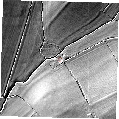 Shaded relief map of the ground around SG80EN, computed from Environment Agency LiDAR. The ground here sits at about 47 m above sea level and falls 18 m across the surrounding 800 m. Surface water reaching this point runs off ground lying to the east-south-east, 1.6 m higher.