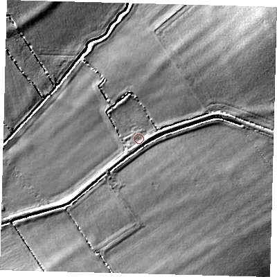Shaded relief map of the ground around SG80ER, computed from Environment Agency LiDAR. The ground here sits at about 43 m above sea level and falls 16 m across the surrounding 800 m. Surface water reaching this point runs off ground lying to the east-north-east, 1.2 m higher.