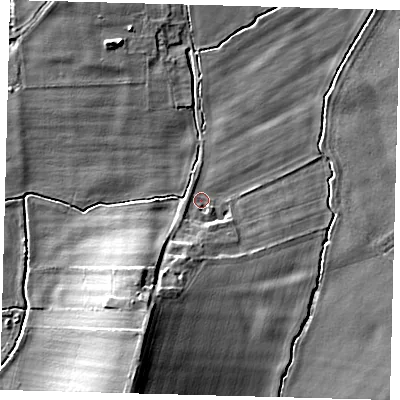 Shaded relief map of the ground around SG80PH, computed from Environment Agency LiDAR. The ground here sits at about 30 m above sea level and falls 15 m across the surrounding 800 m. Surface water reaching this point runs off ground lying to the south-south-west, 6.6 m higher.