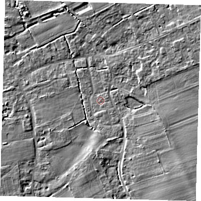 Shaded relief map of the ground around SG85HR, computed from Environment Agency LiDAR. The ground here sits at about 29 m above sea level and falls 7 m across the surrounding 800 m. Surface water reaching this point runs off ground lying to the south-east, 5.5 m higher.
