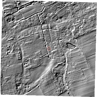 Shaded relief map of the ground around SG85HS, computed from Environment Agency LiDAR. The ground here sits at about 29 m above sea level and falls 7 m across the surrounding 800 m. Surface water reaching this point runs off ground lying to the south, 3.5 m higher.