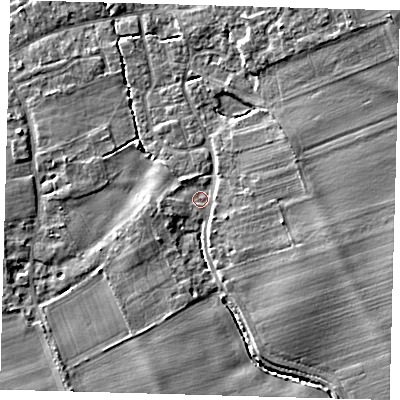 Shaded relief map of the ground around SG85HT, computed from Environment Agency LiDAR. The ground here sits at about 30 m above sea level and falls 8 m across the surrounding 800 m. Surface water reaching this point runs off ground lying to the south-east, 5.6 m higher.