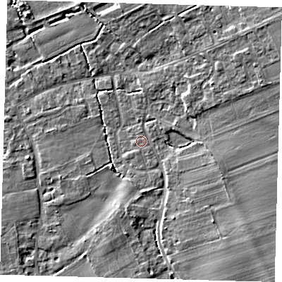 Shaded relief map of the ground around SG85HY, computed from Environment Agency LiDAR. The ground here sits at about 29 m above sea level and falls 7 m across the surrounding 800 m. Surface water reaching this point runs off ground lying to the south-east, 5.4 m higher.