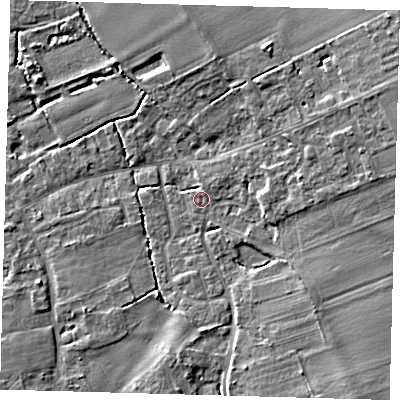 Shaded relief map of the ground around SG85HZ, computed from Environment Agency LiDAR. The ground here sits at about 29 m above sea level and falls 7 m across the surrounding 800 m. Surface water reaching this point runs off ground lying to the east-north-east, 5.0 m higher.