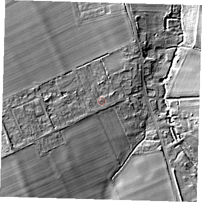 Shaded relief map of the ground around SG85JD, computed from Environment Agency LiDAR. The ground here sits at about 28 m above sea level and falls 12 m across the surrounding 800 m. Surface water reaching this point runs off ground lying to the south-west, 1.4 m higher.
