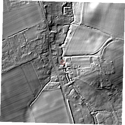 Shaded relief map of the ground around SG85JF, computed from Environment Agency LiDAR. The ground here sits at about 24 m above sea level and falls 12 m across the surrounding 800 m. Surface water reaching this point runs off ground lying to the east, 10.8 m higher.