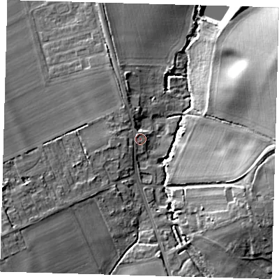 Shaded relief map of the ground around SG85JG, computed from Environment Agency LiDAR. The ground here sits at about 26 m above sea level and falls 15 m across the surrounding 800 m. Surface water reaching this point runs off ground lying to the west-south-west, 1.6 m higher.