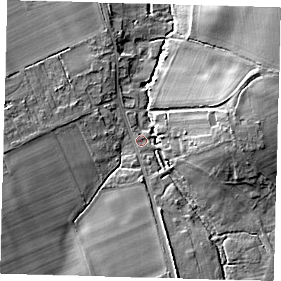 Shaded relief map of the ground around SG85JL, computed from Environment Agency LiDAR. The ground here sits at about 25 m above sea level and falls 12 m across the surrounding 800 m. Surface water reaching this point runs off ground lying to the east, 10.4 m higher.