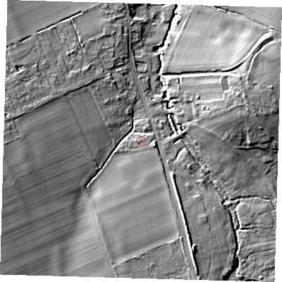 Shaded relief map of the ground around SG85JN, computed from Environment Agency LiDAR. The ground here sits at about 26 m above sea level and falls 12 m across the surrounding 800 m. Surface water reaching this point runs off ground lying to the south-south-east, 6.1 m higher.