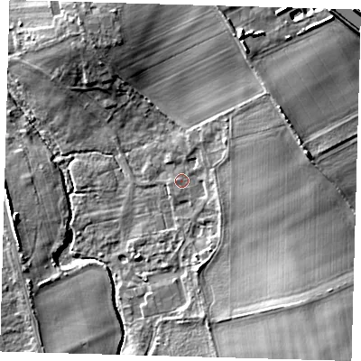 Shaded relief map of the ground around SG85JP, computed from Environment Agency LiDAR. The ground here sits at about 28 m above sea level and falls 13 m across the surrounding 800 m. Surface water reaching this point runs off ground lying to the north-east, 8.9 m higher.