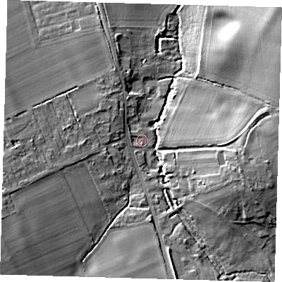 Shaded relief map of the ground around SG85JQ, computed from Environment Agency LiDAR. The ground here sits at about 25 m above sea level and falls 12 m across the surrounding 800 m. Surface water reaching this point runs off ground lying to the west-south-west, 4.7 m higher.