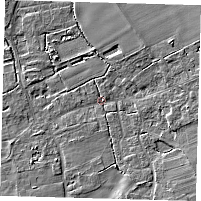 Shaded relief map of the ground around SG85LD, computed from Environment Agency LiDAR. The ground here sits at about 28 m above sea level and falls 6 m across the surrounding 800 m. Surface water reaching this point runs off ground lying to the south-east, 4.9 m higher.