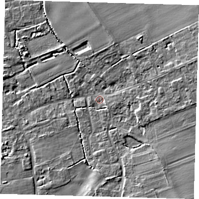 Shaded relief map of the ground around SG85LE, computed from Environment Agency LiDAR. The ground here sits at about 28 m above sea level and falls 7 m across the surrounding 800 m. Surface water reaching this point runs off ground lying to the east-north-east, 5.4 m higher.