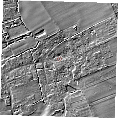 Shaded relief map of the ground around SG85LF, computed from Environment Agency LiDAR. The ground here sits at about 28 m above sea level and falls 8 m across the surrounding 800 m. Surface water reaching this point runs off ground lying to the east-north-east, 3.7 m higher.