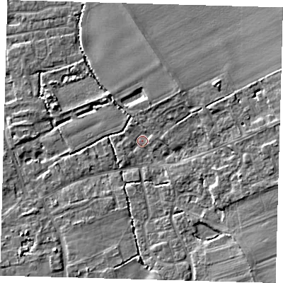 Shaded relief map of the ground around SG85ND, computed from Environment Agency LiDAR. The ground here sits at about 28 m above sea level and falls 6 m across the surrounding 800 m. Surface water reaching this point runs off ground lying to the east, 5.1 m higher.