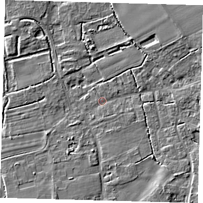 Shaded relief map of the ground around SG85NE, computed from Environment Agency LiDAR. The ground here sits at about 28 m above sea level and falls 5 m across the surrounding 800 m. Surface water reaching this point runs off ground lying to the south-south-east, 1.0 m higher.
