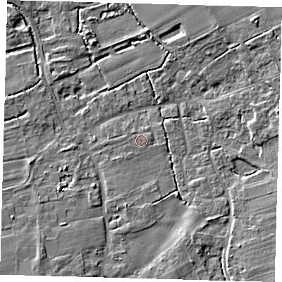 Shaded relief map of the ground around SG85NH, computed from Environment Agency LiDAR. The ground here sits at about 29 m above sea level and falls 6 m across the surrounding 800 m. The ground contributing surface water to this point lies to the west.
