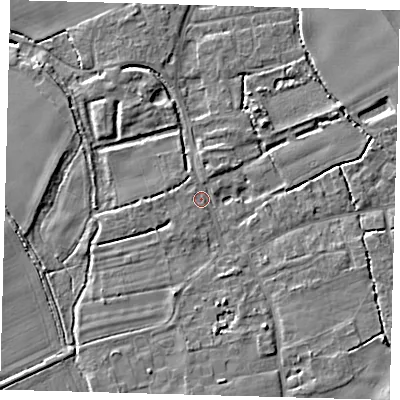 Shaded relief map of the ground around SG85NX, computed from Environment Agency LiDAR. The ground here sits at about 28 m above sea level and falls 6 m across the surrounding 800 m. Surface water reaching this point runs off ground lying to the west, 1.4 m higher.