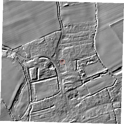 Shaded relief map of the ground around SG85NY, computed from Environment Agency LiDAR. The ground here sits at about 27 m above sea level and falls 5 m across the surrounding 800 m. Surface water reaching this point runs off ground lying to the south-west, 2.9 m higher.