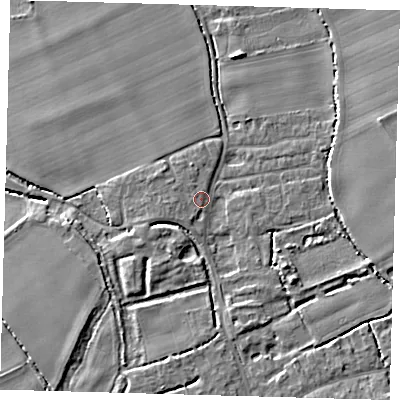 Shaded relief map of the ground around SG85NZ, computed from Environment Agency LiDAR. The ground here sits at about 28 m above sea level and falls 5 m across the surrounding 800 m. Surface water reaching this point runs off ground lying to the north-west, 1.1 m higher.