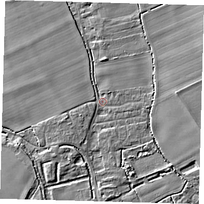 Shaded relief map of the ground around SG85PA, computed from Environment Agency LiDAR. The ground here sits at about 27 m above sea level and falls 6 m across the surrounding 800 m. Surface water reaching this point runs off ground lying to the south-south-west, 3.0 m higher.