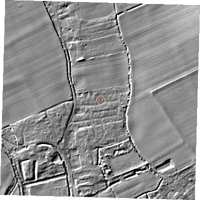 Shaded relief map of the ground around SG85PB, computed from Environment Agency LiDAR. The ground here sits at about 27 m above sea level and falls 6 m across the surrounding 800 m. Surface water reaching this point runs off ground lying to the east-south-east, 4.3 m higher.