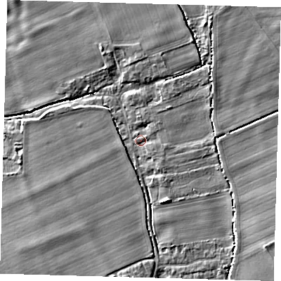 Shaded relief map of the ground around SG85PD, computed from Environment Agency LiDAR. The ground here sits at about 26 m above sea level and falls 6 m across the surrounding 800 m. Surface water reaching this point runs off ground lying to the south-south-west, 3.4 m higher.