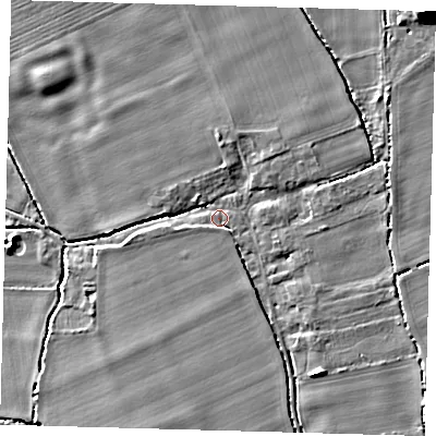 Shaded relief map of the ground around SG85PE, computed from Environment Agency LiDAR. The ground here sits at about 26 m above sea level and falls 15 m across the surrounding 800 m. Surface water reaching this point runs off ground lying to the south-south-east, 3.5 m higher.