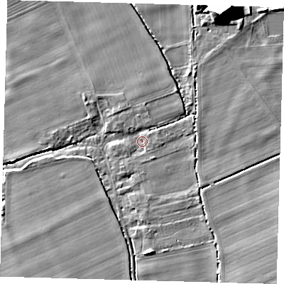 Shaded relief map of the ground around SG85PJ, computed from Environment Agency LiDAR. The ground here sits at about 25 m above sea level and falls 19 m across the surrounding 800 m. Surface water reaching this point runs off ground lying to the south-east, 1.4 m higher.