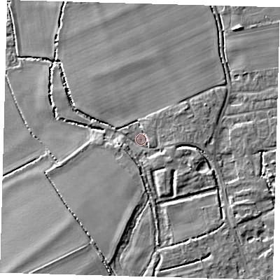Shaded relief map of the ground around SG85PP, computed from Environment Agency LiDAR. The ground here sits at about 27 m above sea level and falls 6 m across the surrounding 800 m. Surface water reaching this point runs off ground lying to the east-south-east, 2.4 m higher.