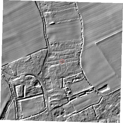 Shaded relief map of the ground around SG85PS, computed from Environment Agency LiDAR. The ground here sits at about 27 m above sea level and falls 5 m across the surrounding 800 m. Surface water reaching this point runs off ground lying to the south-south-west, 1.2 m higher.