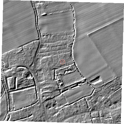 Shaded relief map of the ground around SG85PZ, computed from Environment Agency LiDAR. The ground here sits at about 27 m above sea level and falls 6 m across the surrounding 800 m. Surface water reaching this point runs off ground lying to the east-south-east, 4.7 m higher.