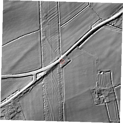 Shaded relief map of the ground around SG85QB, computed from Environment Agency LiDAR. The ground here sits at about 26 m above sea level and falls 10 m across the surrounding 800 m. Surface water reaching this point runs off ground lying to the north, 0.8 m higher.