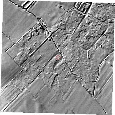 Shaded relief map of the ground around SG85QJ, computed from Environment Agency LiDAR. The ground here sits at about 23 m above sea level and falls 13 m across the surrounding 800 m. Surface water reaching this point runs off ground lying to the south-west, 10.4 m higher.