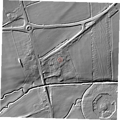 Shaded relief map of the ground around SG85QQ, computed from Environment Agency LiDAR. The ground here sits at about 23 m above sea level and falls 9 m across the surrounding 800 m. Surface water reaching this point runs off ground lying to the north-north-east, 1.4 m higher.