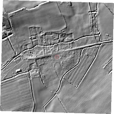 Shaded relief map of the ground around SG85RP, computed from Environment Agency LiDAR. The ground here sits at about 18 m above sea level and falls 7 m across the surrounding 800 m. The ground contributing surface water to this point lies to the west-north-west.