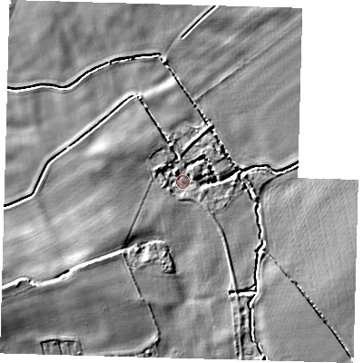 Shaded relief map of the ground around SG85RR, computed from Environment Agency LiDAR. The ground here sits at about 18 m above sea level and falls 6 m across the surrounding 800 m. Surface water reaching this point runs off ground lying to the south-west, 3.4 m higher.