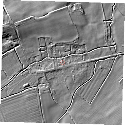 Shaded relief map of the ground around SG85RS, computed from Environment Agency LiDAR. The ground here sits at about 18 m above sea level and falls 7 m across the surrounding 800 m. Surface water reaching this point runs off ground lying to the south-west, 0.7 m higher.