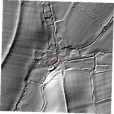 Shaded relief map of the ground around SG85SN, computed from Environment Agency LiDAR. The ground here sits at about 21 m above sea level and falls 13 m across the surrounding 800 m. Surface water reaching this point runs off ground lying to the south, 11.5 m higher.