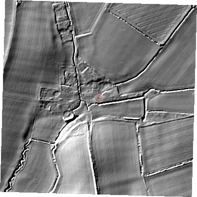 Shaded relief map of the ground around SG85SP, computed from Environment Agency LiDAR. The ground here sits at about 21 m above sea level and falls 14 m across the surrounding 800 m. Surface water reaching this point runs off ground lying to the south, 9.4 m higher.