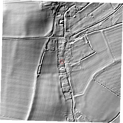 Shaded relief map of the ground around SG85SQ, computed from Environment Agency LiDAR. The ground here sits at about 20 m above sea level and falls 10 m across the surrounding 800 m. Surface water reaching this point runs off ground lying to the north-west, 8.0 m higher.