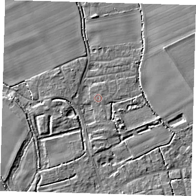 Shaded relief map of the ground around SG85YR, computed from Environment Agency LiDAR. The ground here sits at about 28 m above sea level and falls 5 m across the surrounding 800 m. The ground contributing surface water to this point lies to the south-south-east.