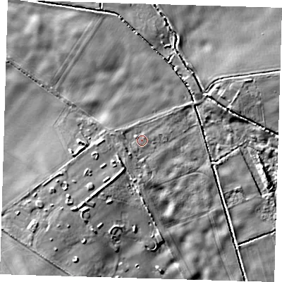 Shaded relief map of the ground around SG86EZ, computed from Environment Agency LiDAR. The ground here sits at about 21 m above sea level and falls 9 m across the surrounding 800 m. Surface water reaching this point runs off ground lying to the south-west, 1.6 m higher.