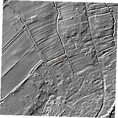 Shaded relief map of the ground around SG86GG, computed from Environment Agency LiDAR. The ground here sits at about 20 m above sea level and falls 7 m across the surrounding 800 m. Surface water reaching this point runs off ground lying to the west-south-west, 1.7 m higher.
