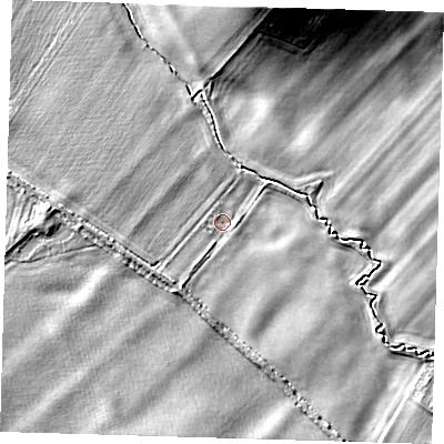 Shaded relief map of the ground around SG86GP, computed from Environment Agency LiDAR. The ground here sits at about 19 m above sea level and falls 11 m across the surrounding 800 m. Surface water reaching this point runs off ground lying to the south-west, 2.3 m higher.